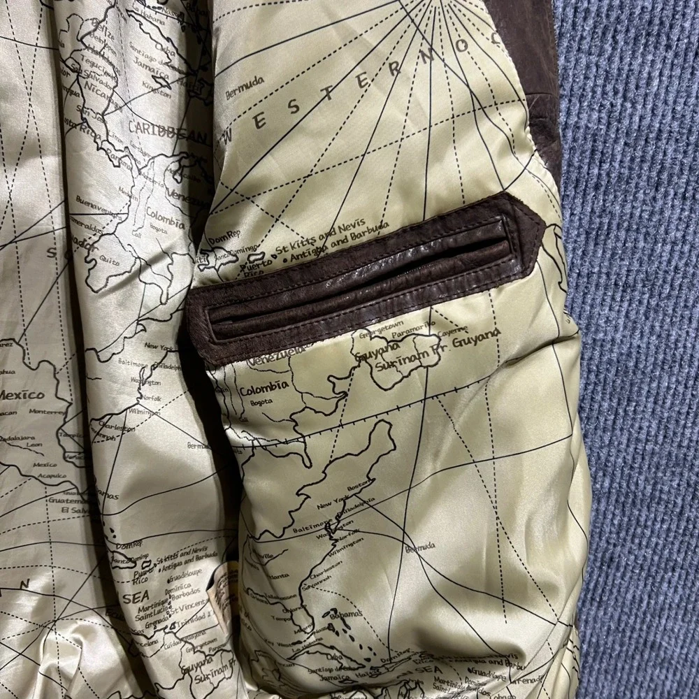Jos A Bank Leather Bomber Jacket Mens L Brown Flight Map Lining Full Zip Casual